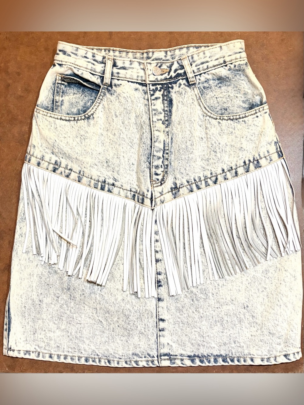 Vintage- 80’s Express Acid Wash Denim Mini Skirt with White Fringe